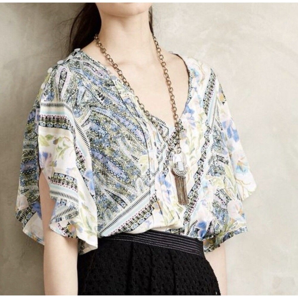 MAEVE Anthropologie Maya Pintuck Abstract Top Blouse Women Size 2 Flutter Sleeve